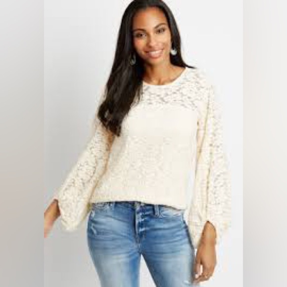 Maurices solid lace‎ balloon sleeve blouse cream size large